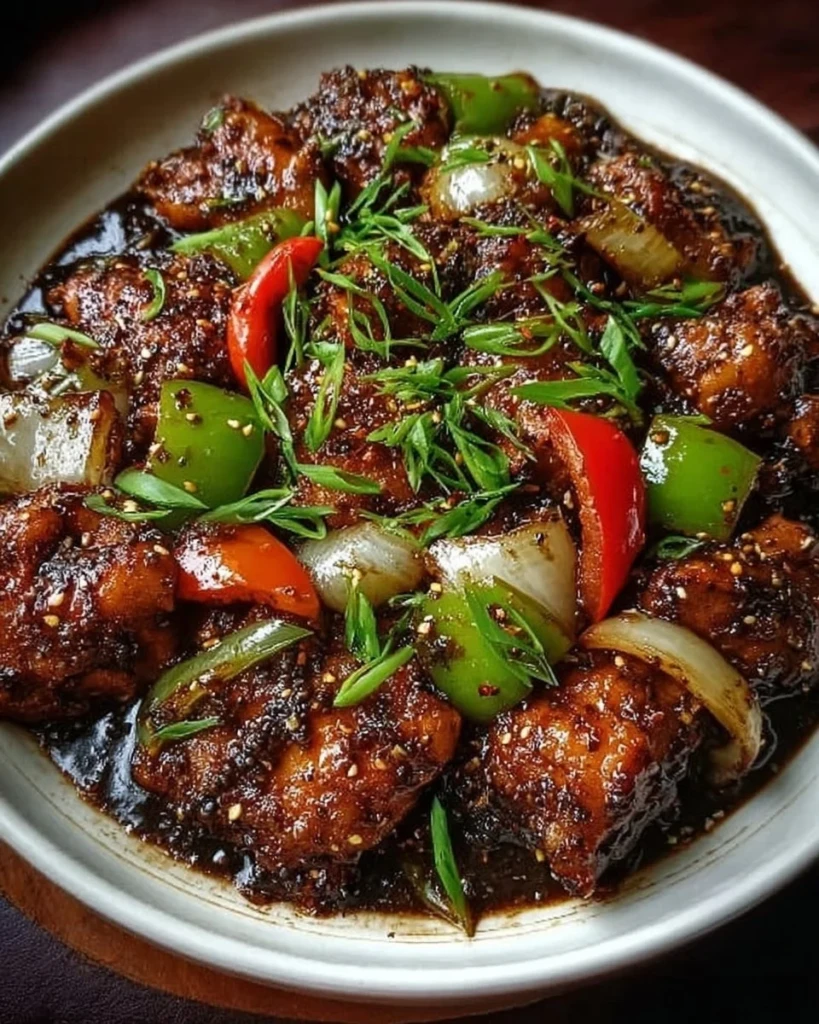 Delicious black pepper chicken served with vegetables on a plate.