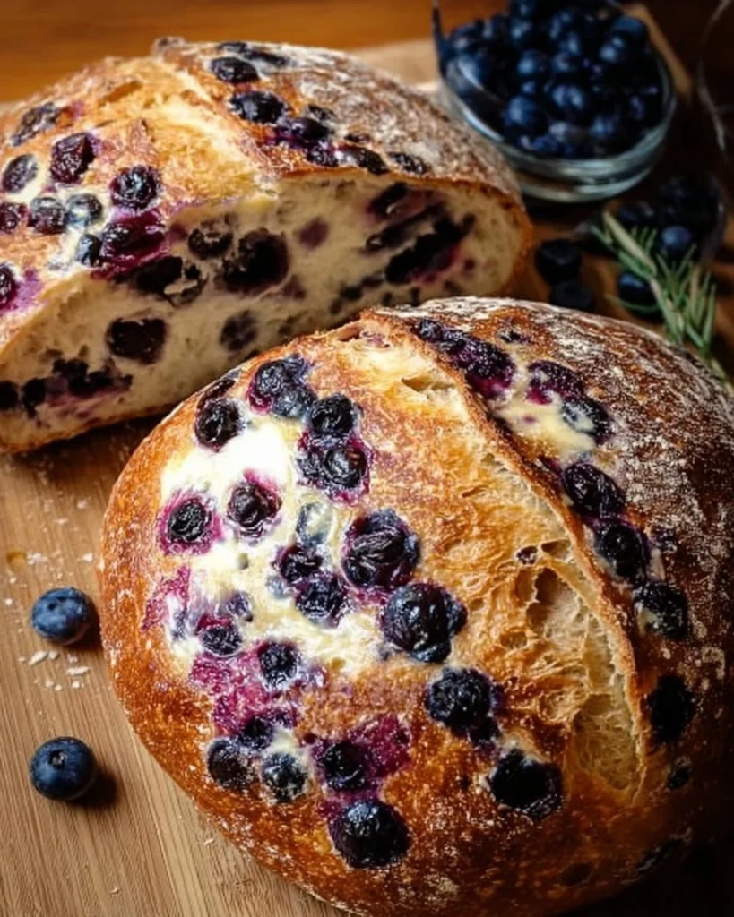 Freshly baked Blueberry Lemon Cream Cheese Sourdough Bread with vibrant blueberries.