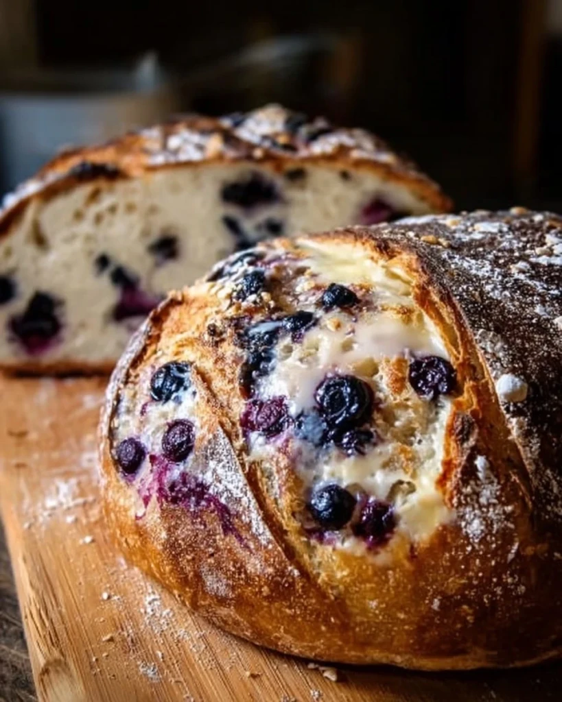 Blueberry Lemon Cream Cheese Sourdough Bread loaf with fresh blueberries and cream cheese.