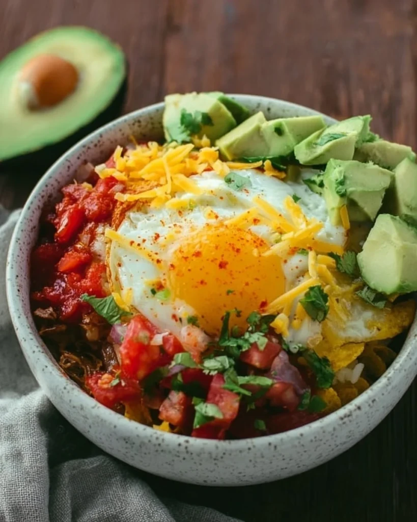 A delicious Breakfast Burrito Bowl filled with eggs, beans, and fresh veggies.