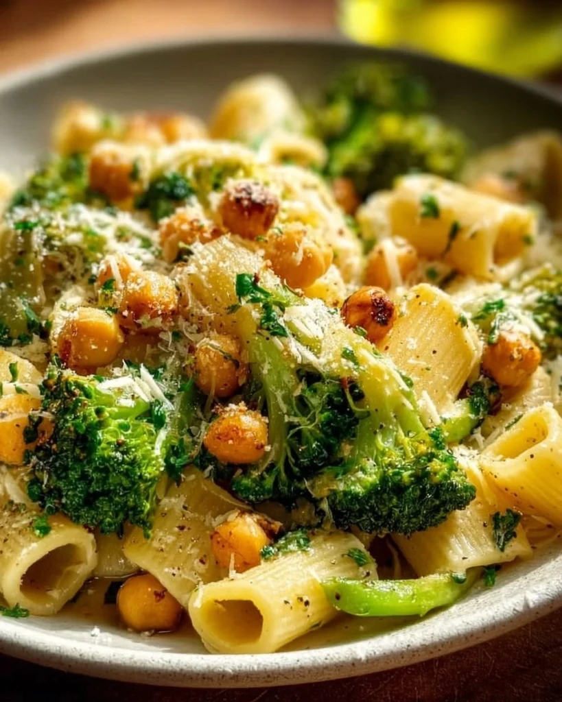 Broccoli chickpea pasta dish drizzled with garlic olive oil in a bowl.