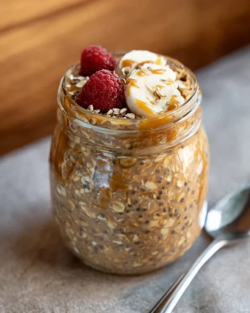 Bowl of brown sugar overnight oats topped with fresh fruit and nuts
