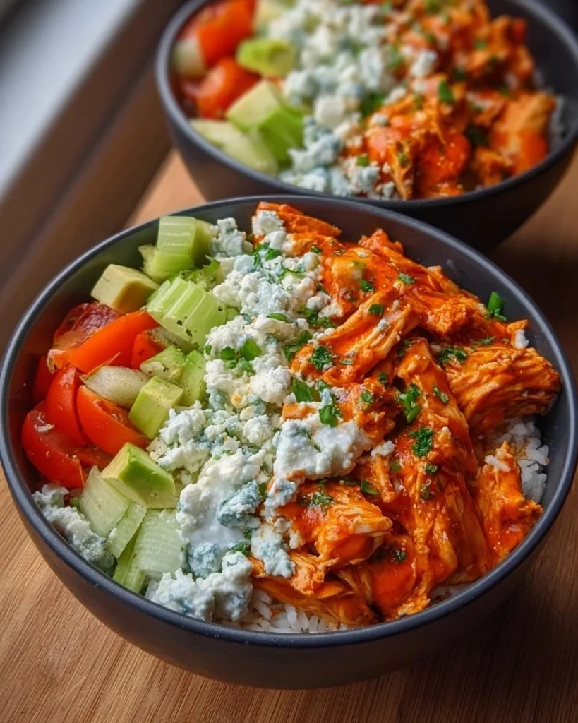 Delicious Buffalo Chicken Bowls with vibrant toppings and sauce