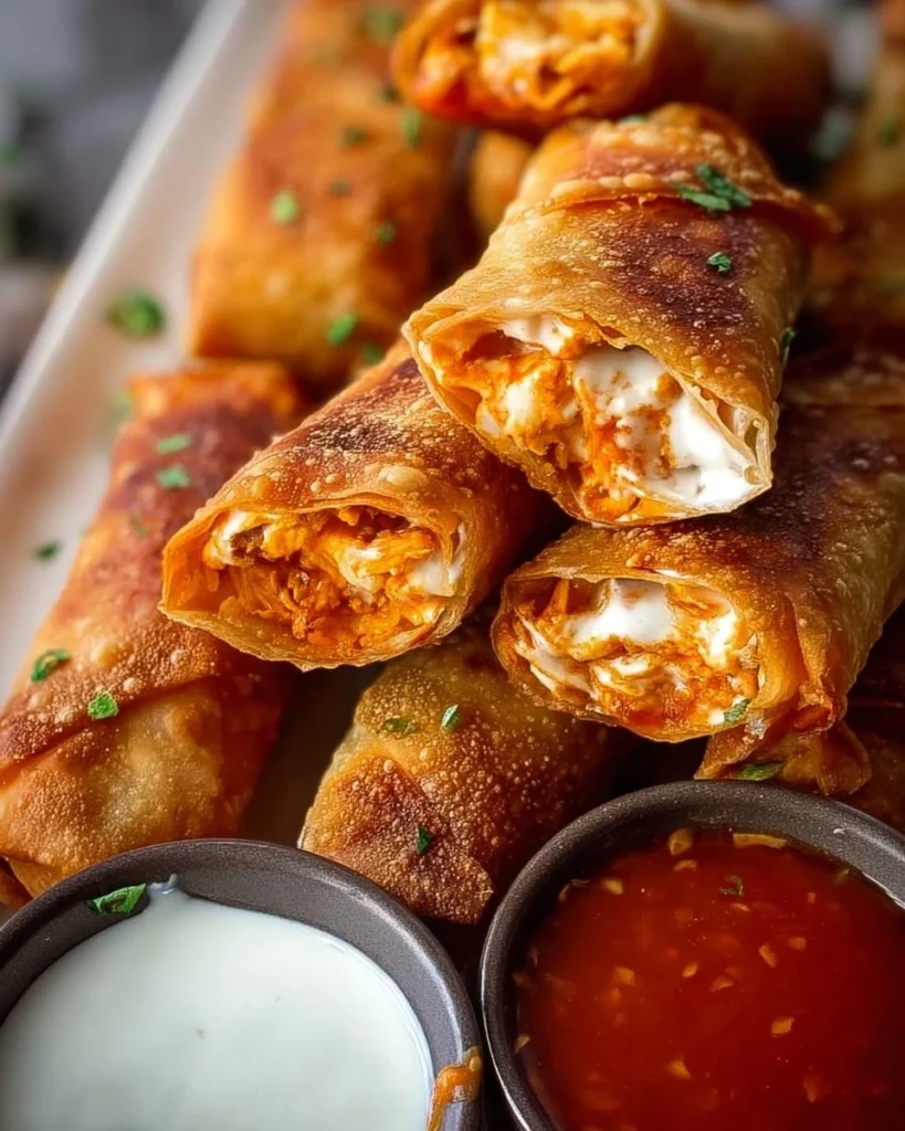 Plate of crispy Buffalo Chicken Egg Rolls garnished with green onions