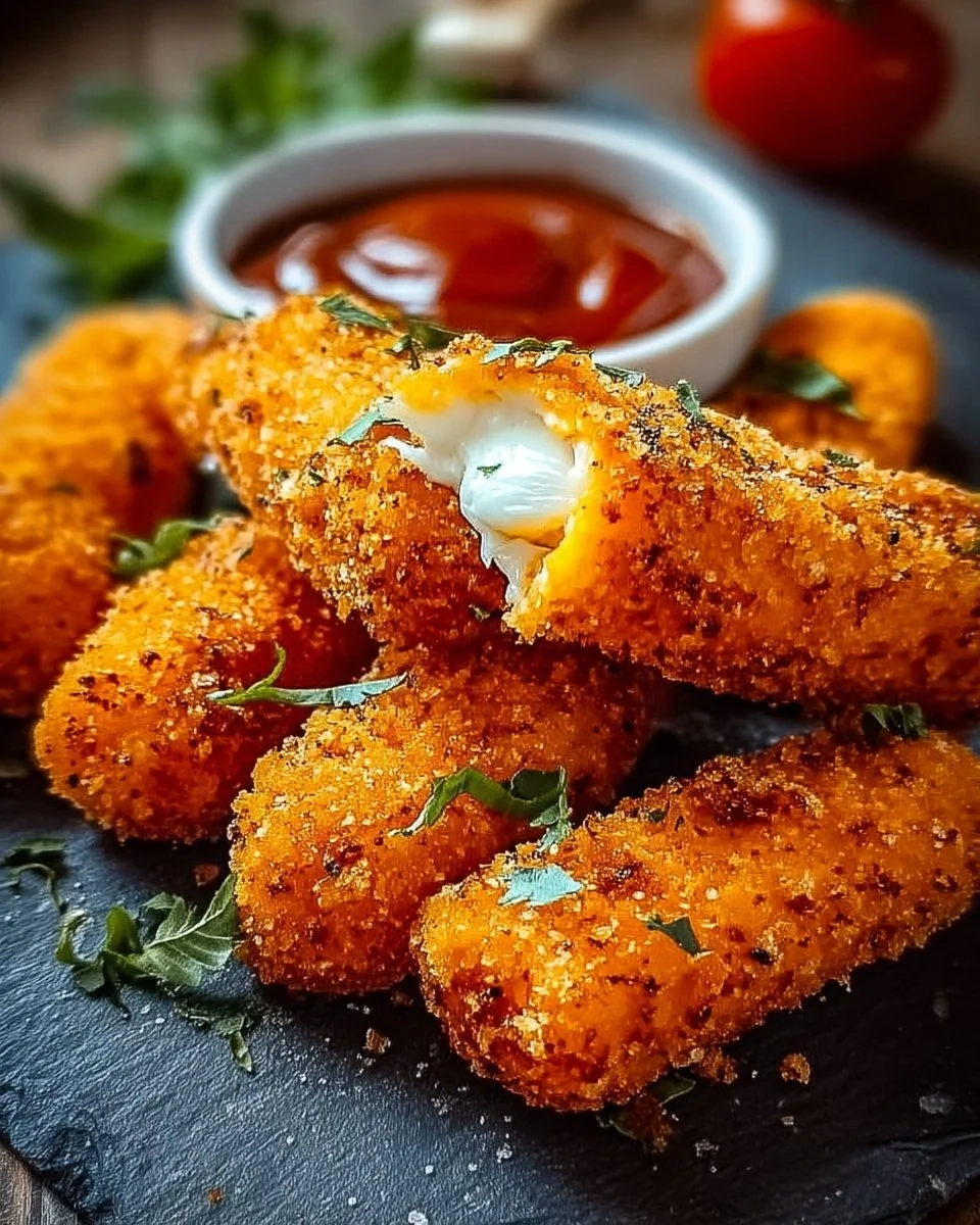 Delicious Buffalo Chicken Mozzarella Sticks served with dipping sauce