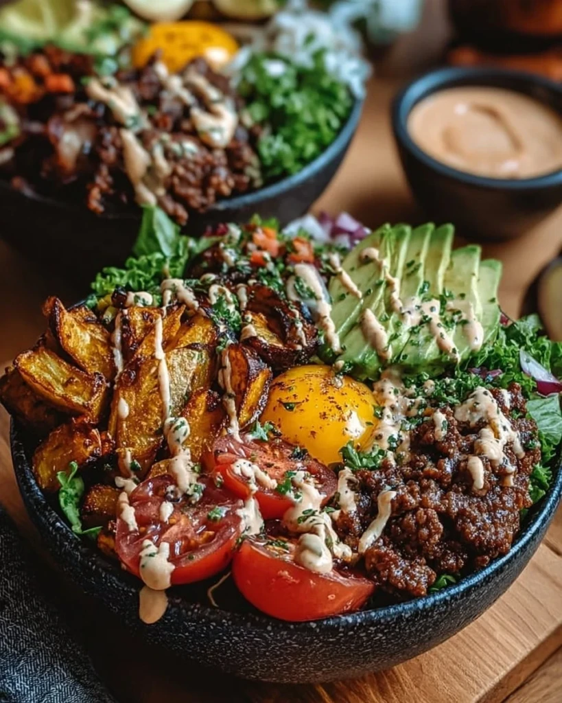 Delicious Burger Bowls featuring fresh ingredients and vibrant toppings