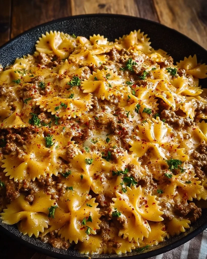 Cajun Cream Cheese Alfredo Bowties with spiced ground beef dish
