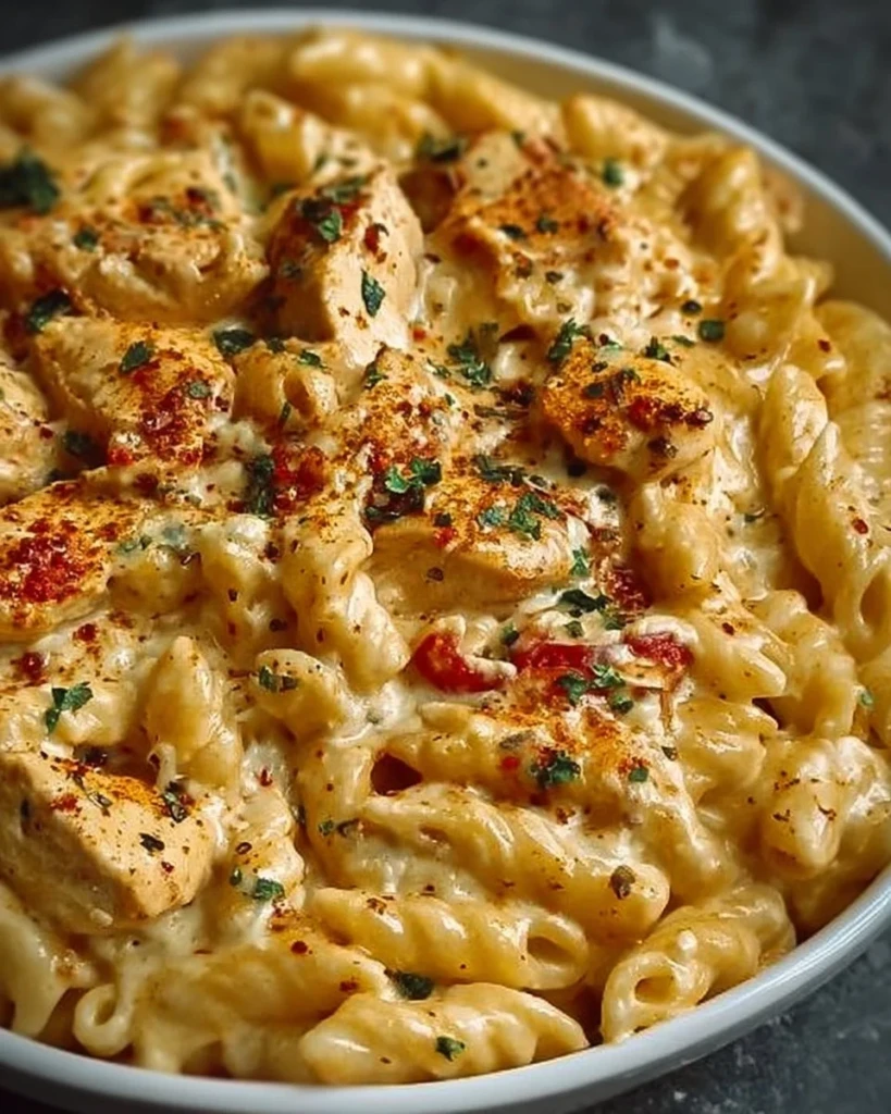 Cajun Cream Cheese Chicken Pasta Bake topped with cheese and herbs