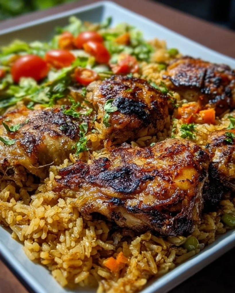 Delicious Caribbean Chicken served with vibrant rice and spices.