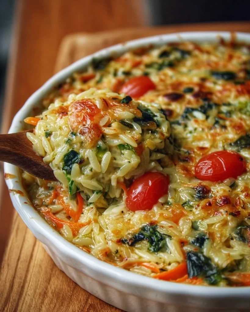 Cheesy baked orzo with vibrant vegetables in a casserole dish