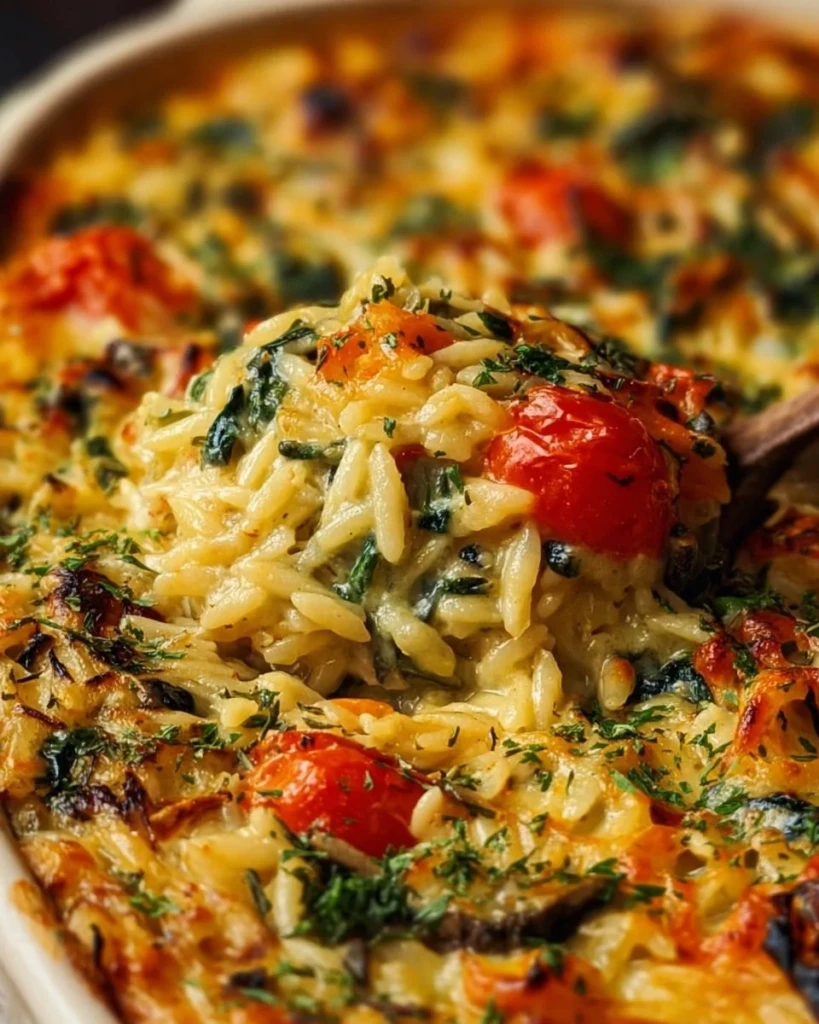 Cheesy baked orzo with colorful vegetables in a serving dish