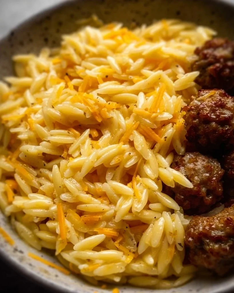 Cheesy orzo pasta served in a bowl with herbs and cheese on top.