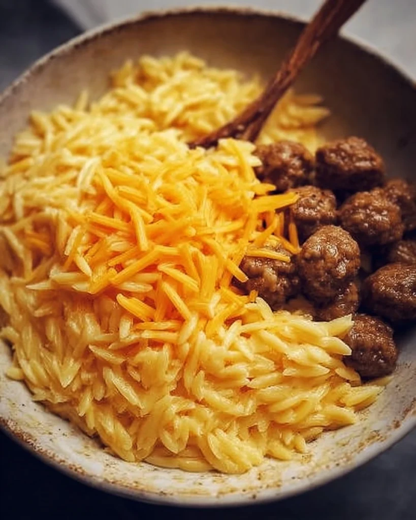 Cheesy orzo pasta dish topped with cheese and herbs