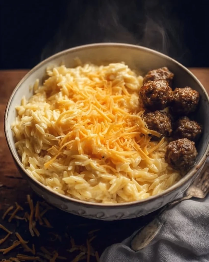 Delicious cheesy orzo pasta dish topped with herbs and cheese