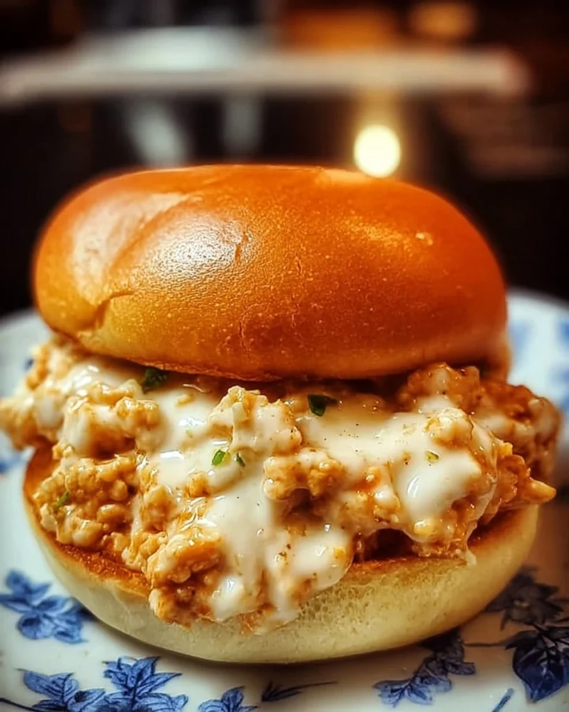 Delicious Chicken Alfredo Sloppy Joes served on a plate.