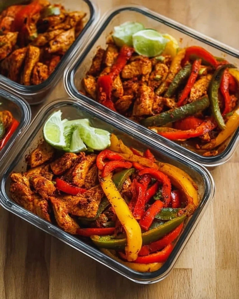 Colorful chicken fajita meal prep bowls with vegetables and rice