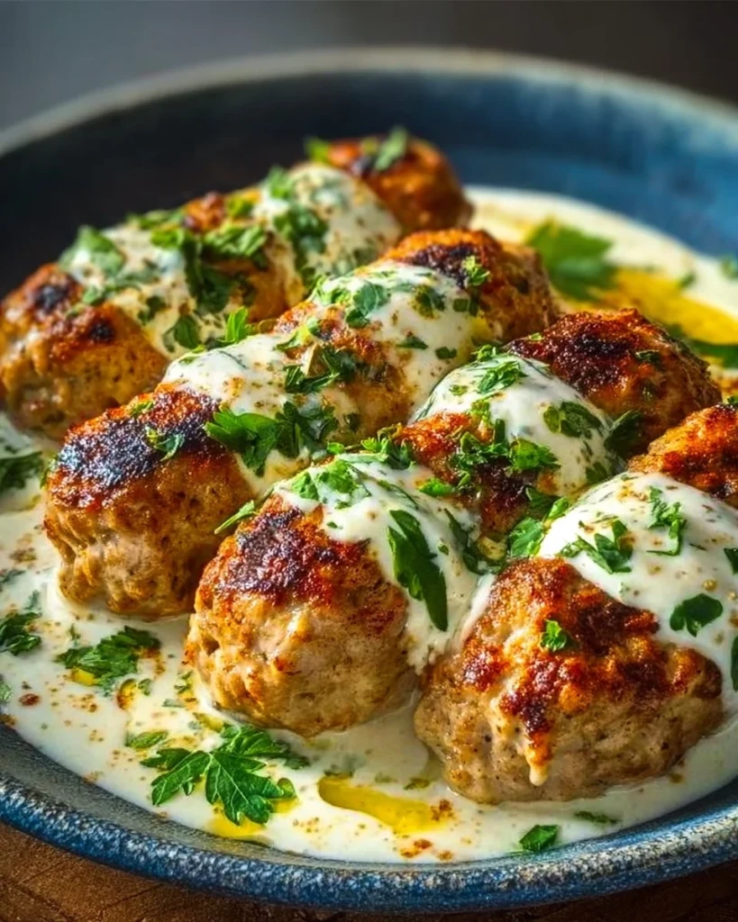 Delicious Chicken Kofta served with creamy garlic yogurt sauce