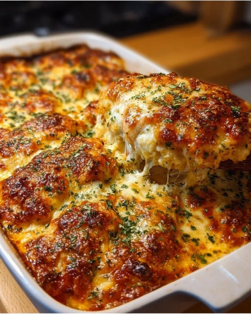 Delicious Chicken Parmesan Casserole topped with melted cheese and herbs