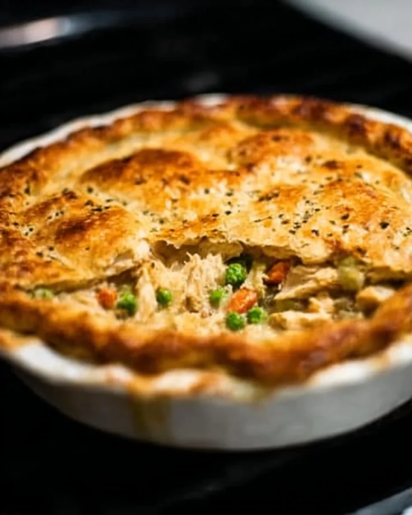 Homemade chicken pot pie with flaky crust and rich filling
