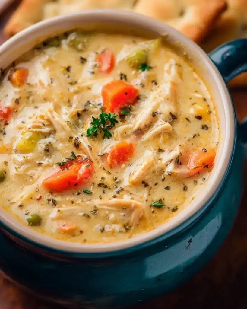 Delicious Chicken Pot Pie Soup served in a bowl with fresh herbs
