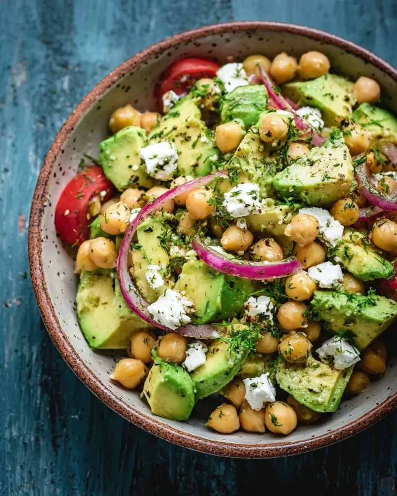 Chickpea Feta Avocado Salad with fresh vegetables and dressing