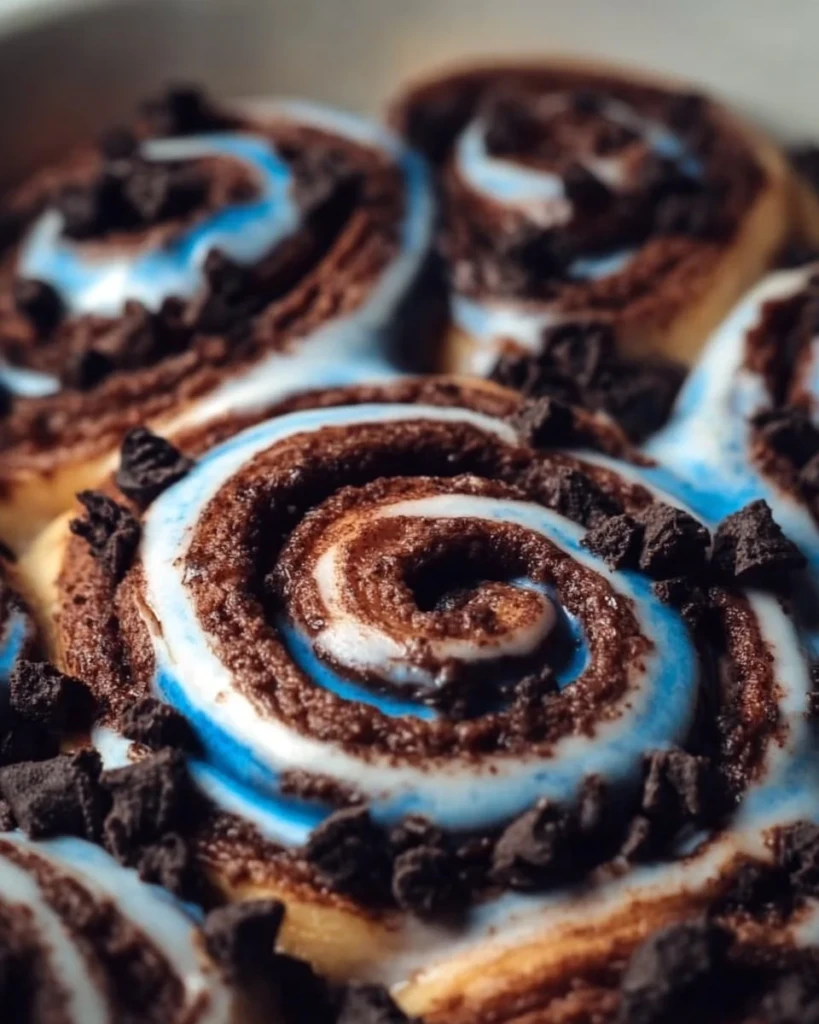 Delicious chocolate cookie cinnamon rolls on a plate, drizzled with chocolate.