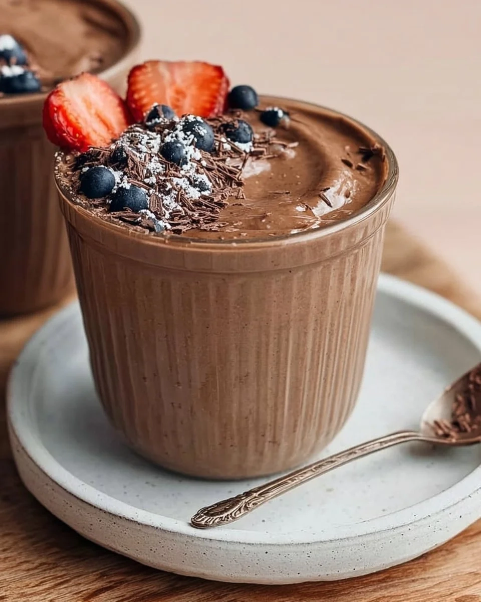 Delicious homemade Chocolate Protein Pudding in a bowl with chocolate flakes on top.