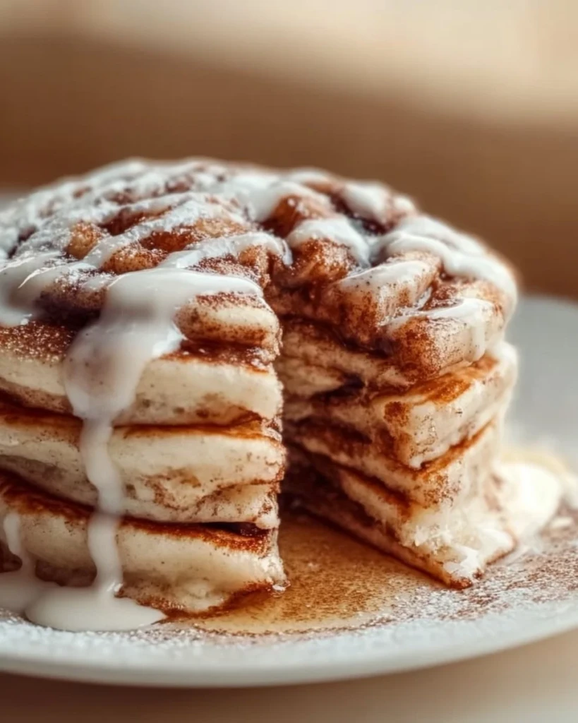 Delicious cinnamon roll pancakes drizzled with icing on a plate