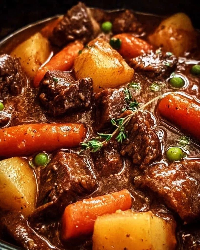 Bowl of comforting crockpot beef stew with vegetables and herbs
