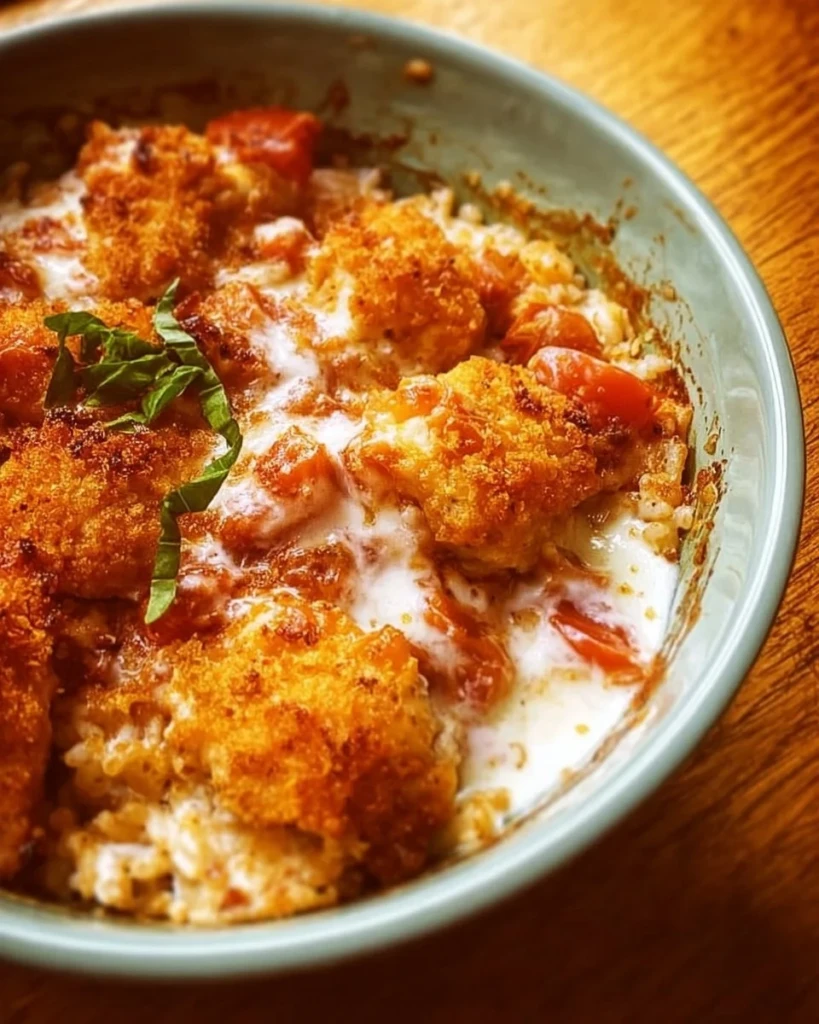 Cottage Cheese Chicken Parmesan Bowl garnished with herbs and cheese.