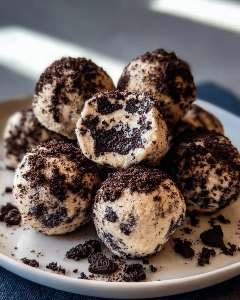 Cream Cheese Oreo Protein Balls ready to serve on a plate