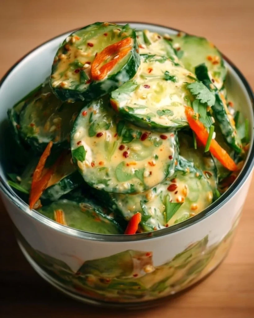 Creamy Asian cucumber salad bowl topped with fresh vegetables and herbs