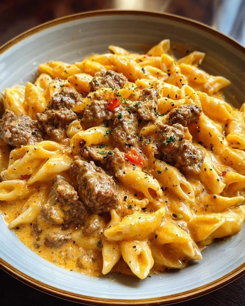 Plate of creamy beef pasta with herbs and cheese garnishing