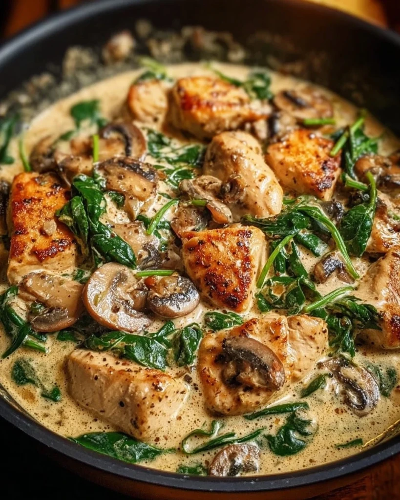 Creamy chicken mushroom spinach skillet served in a cast-iron pan
