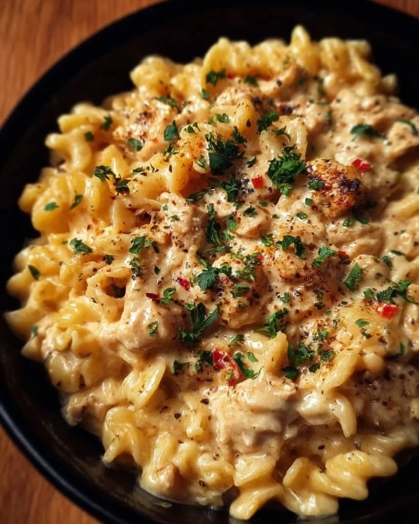 Creamy Chicken Pasta dish made in a crockpot