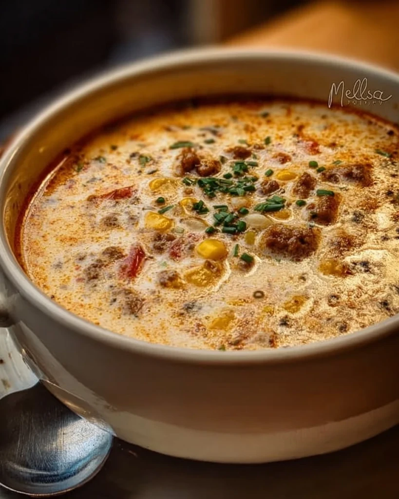 Bowl of creamy Cowboy Soup garnished with herbs and spices