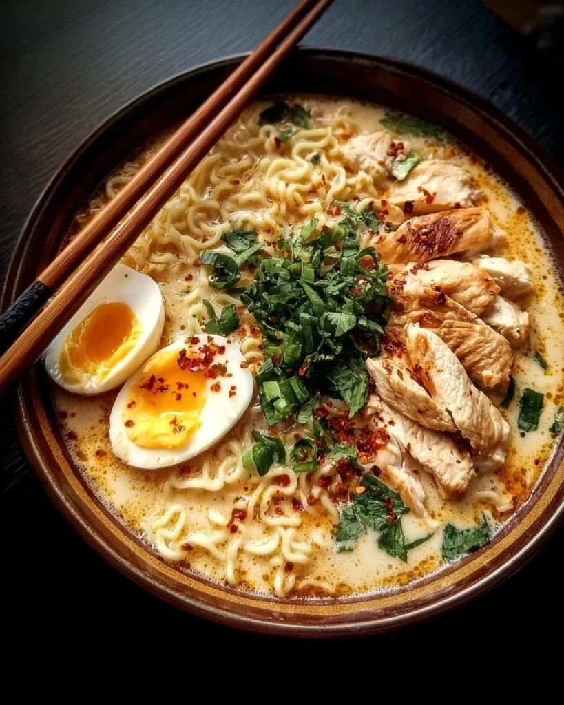 Bowl of creamy garlic chicken ramen topped with green onions and sesame seeds.
