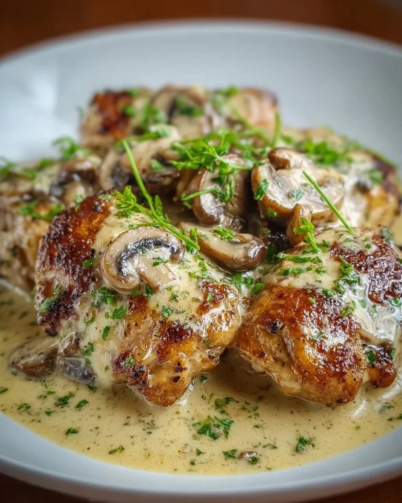 Creamy Garlic Mushroom Chicken Thighs served on a plate with herbs