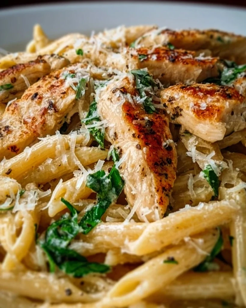 Creamy garlic parmesan chicken pasta served in a bowl with herbs