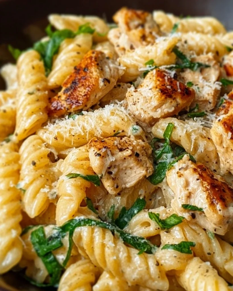 Bowls of creamy garlic parmesan chicken pasta garnished with fresh herbs