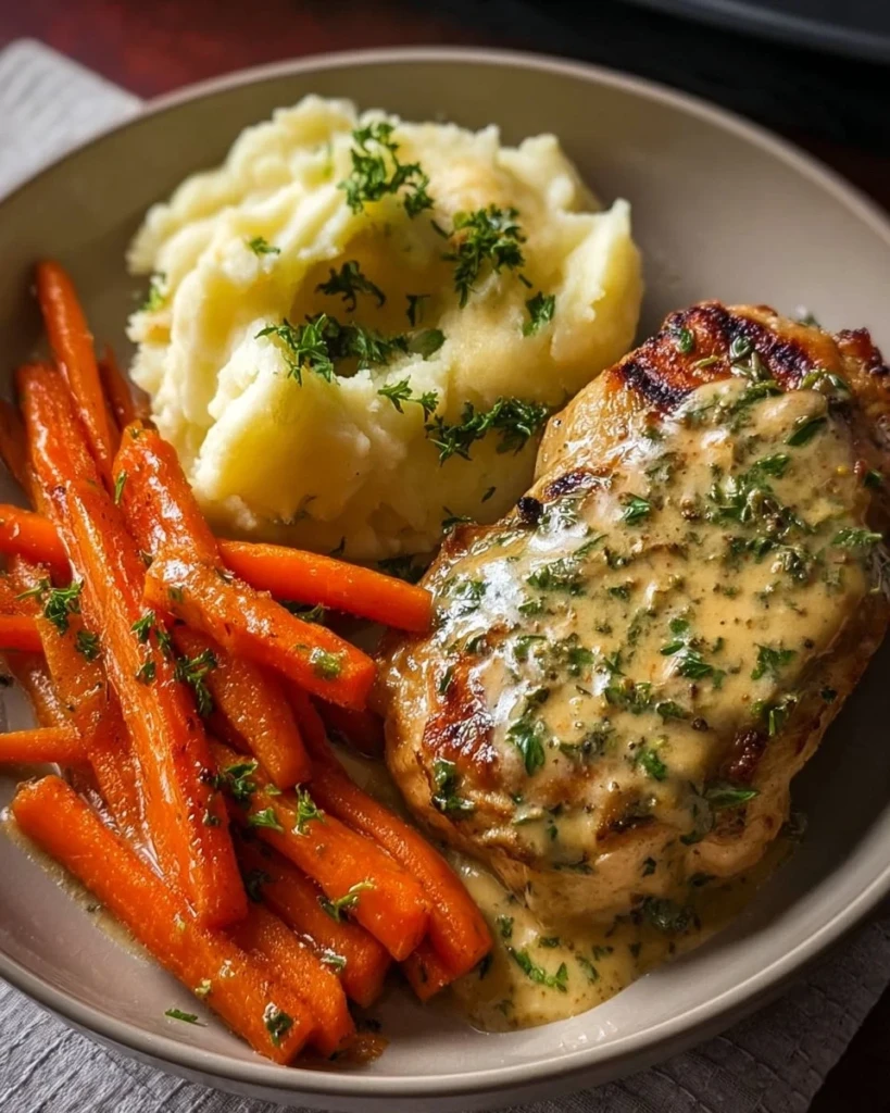 Creamy herb chicken served with mashed potatoes and glazed carrots on a plate