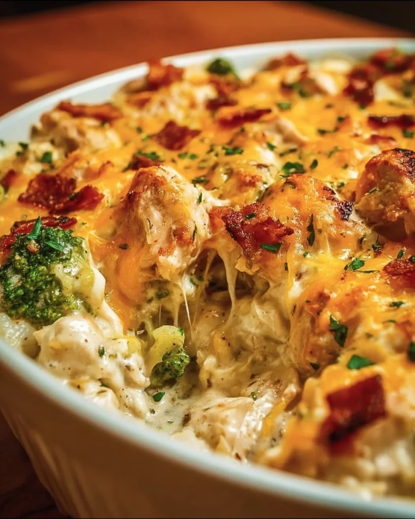 Creamy low carb chicken casserole dish served in a baking dish