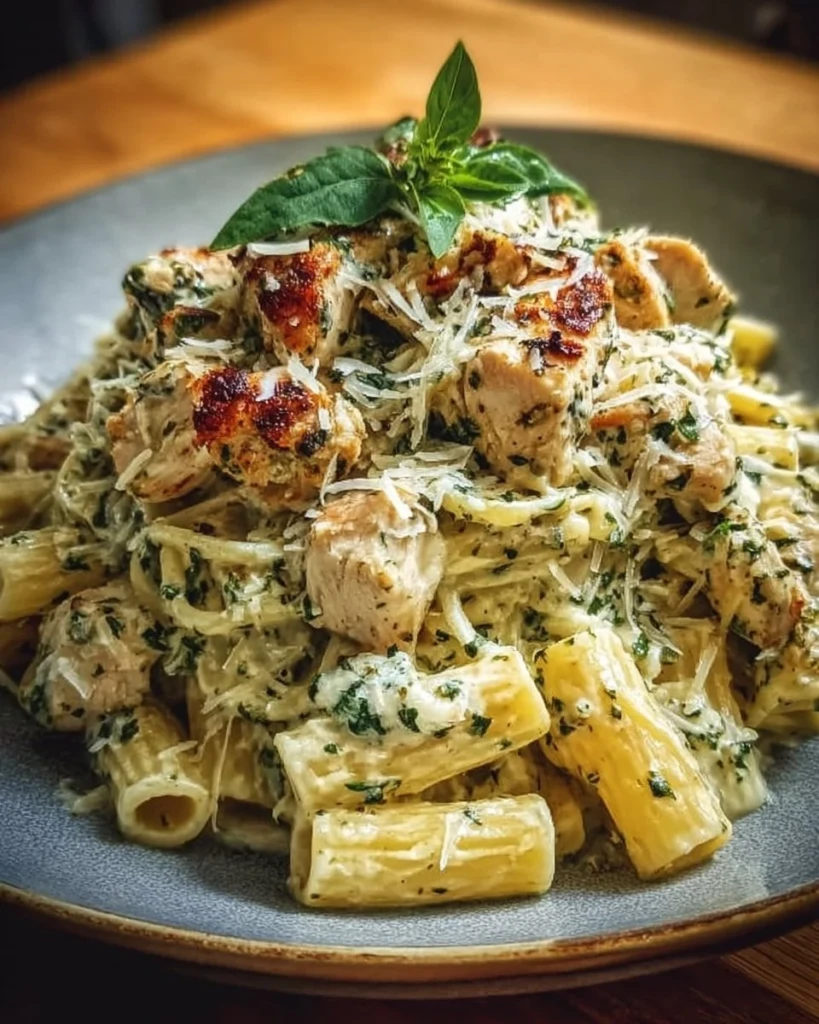 Creamy pesto chicken pasta served in a bowl with fresh basil