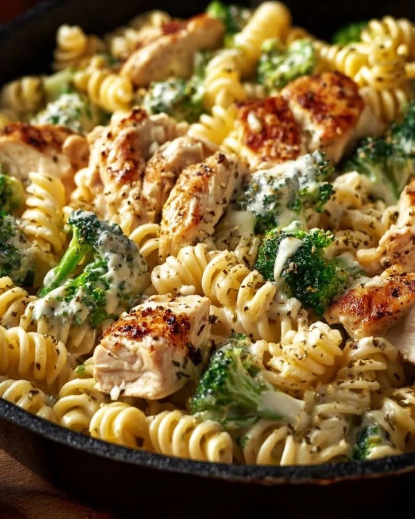 Creamy Chicken Broccoli Pasta made with rotisserie chicken and vegetables.