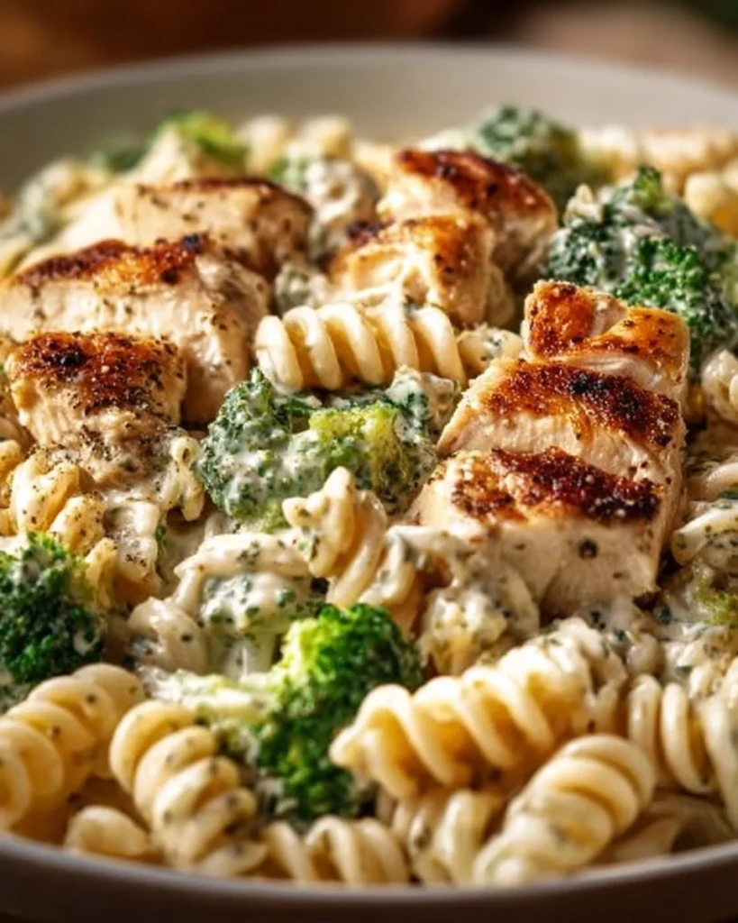 Creamy chicken pasta with rotisserie chicken and broccoli in a bowl