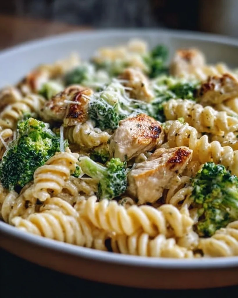 Creamy rotisserie chicken broccoli pasta dish with fresh ingredients