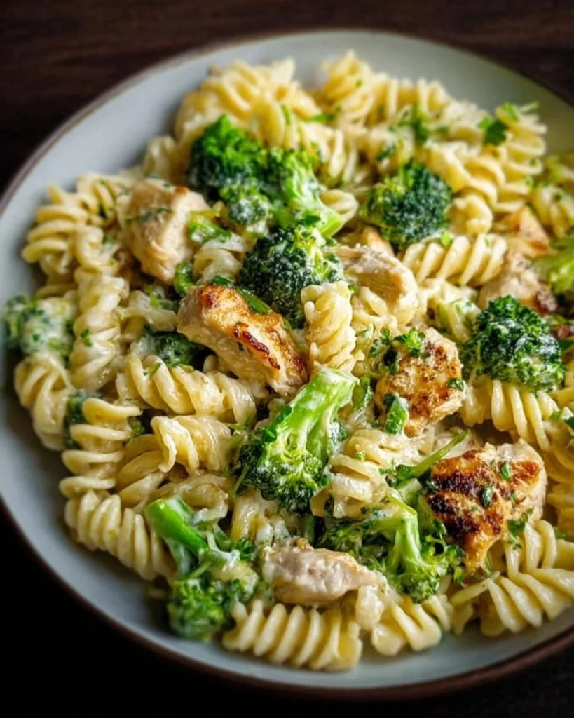 Creamy rotisserie chicken pasta with broccoli in a bowl