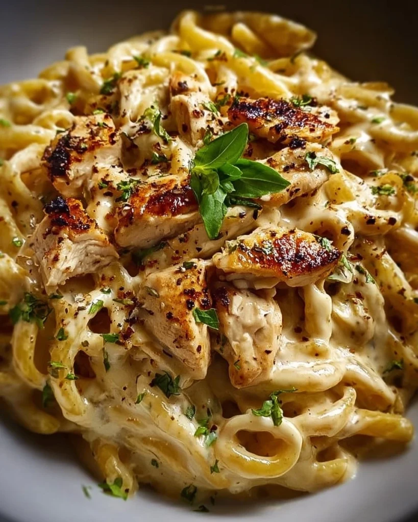Creamy rotisserie chicken pasta served in a bowl with fresh herbs
