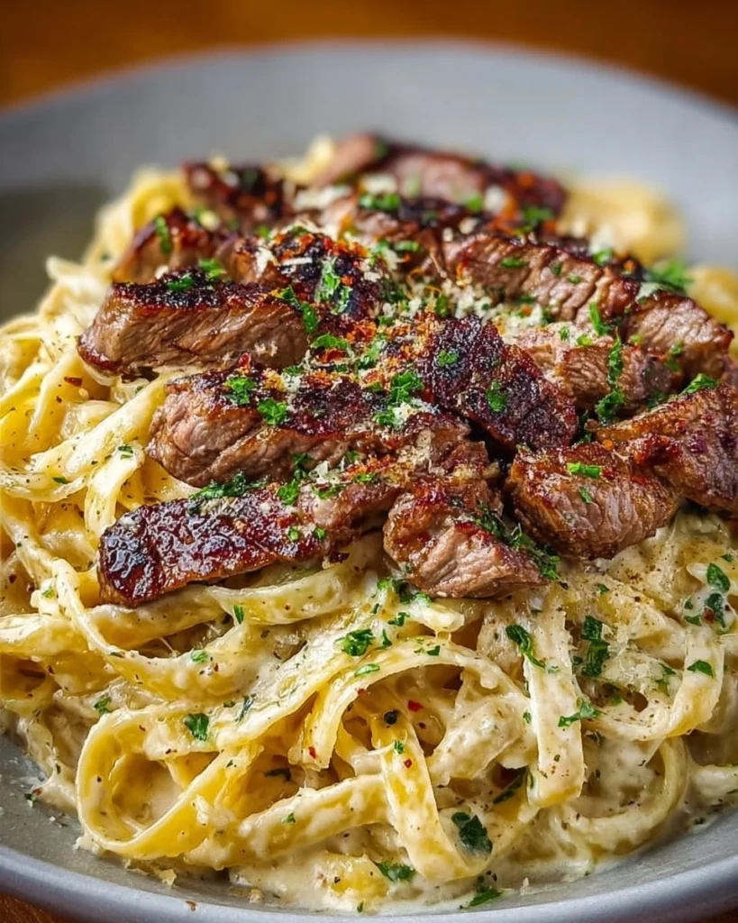 Creamy steak pasta garnished with garlic and herbs in a bowl