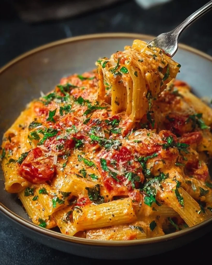 Creamy tomato garlic pasta garnished with fresh herbs